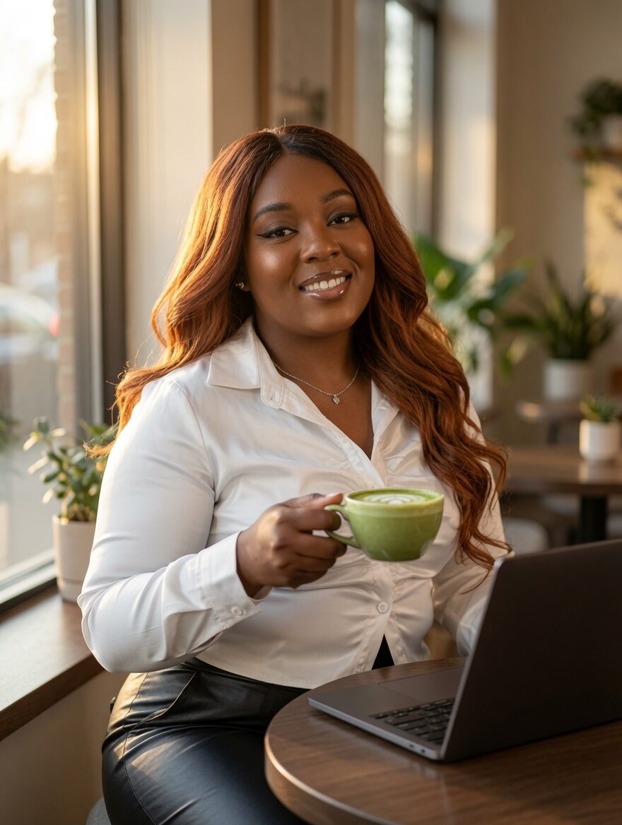 KortNee enjoying a matcha latte while working at a café