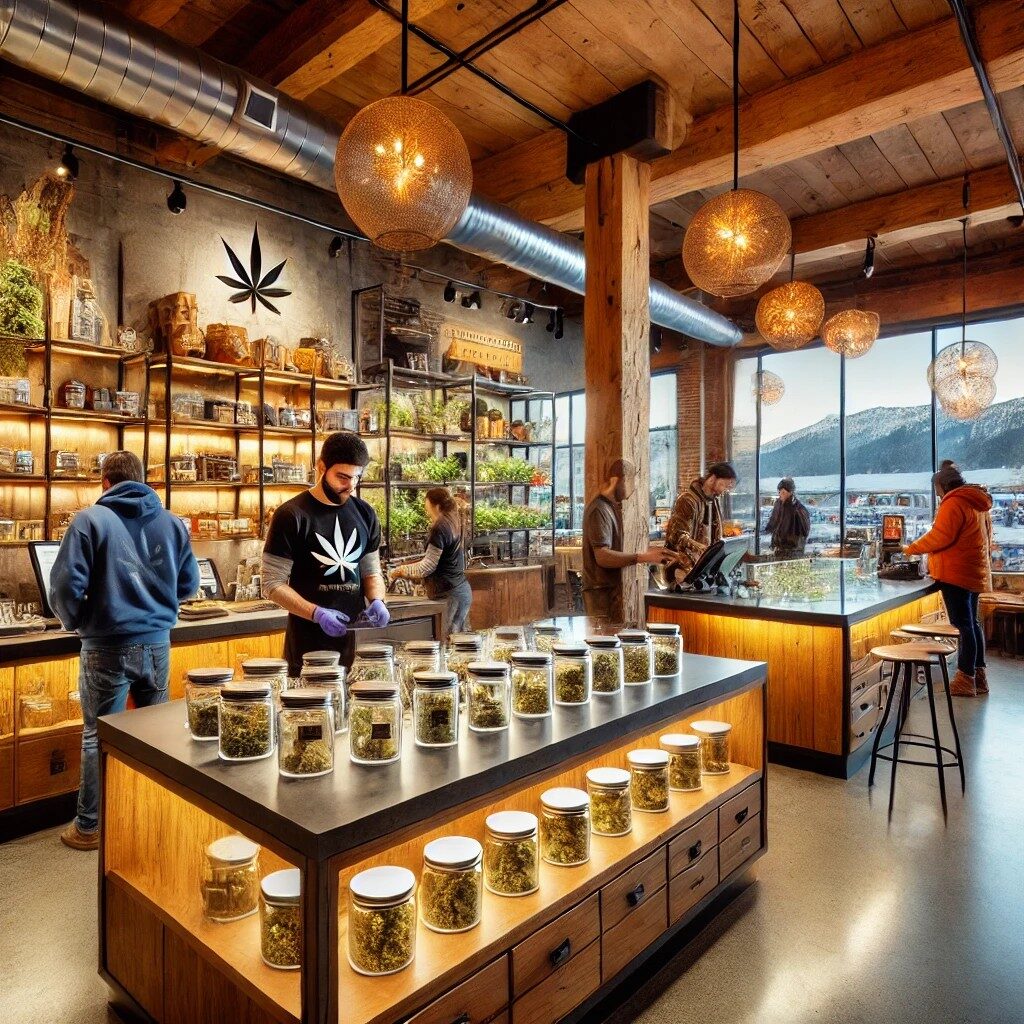 A warm, wood-and-brick modern cannabis dispensary interior with glass jars of flower on display and customers browsing