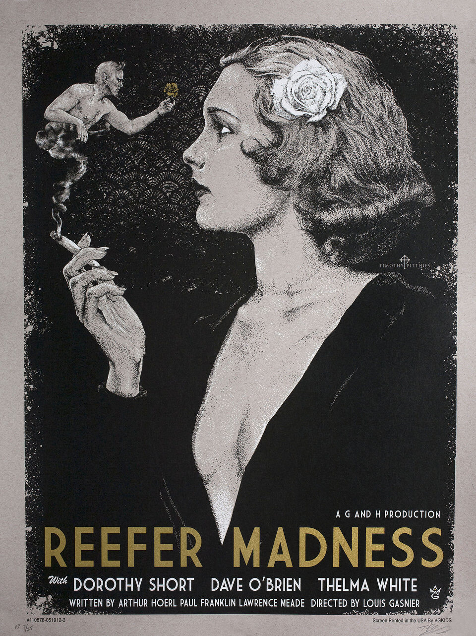 A black, gold, and silver screen-printed poster for the 1936 film Reefer Madness, showing a woman smoking with a demonic figure hovering nearby